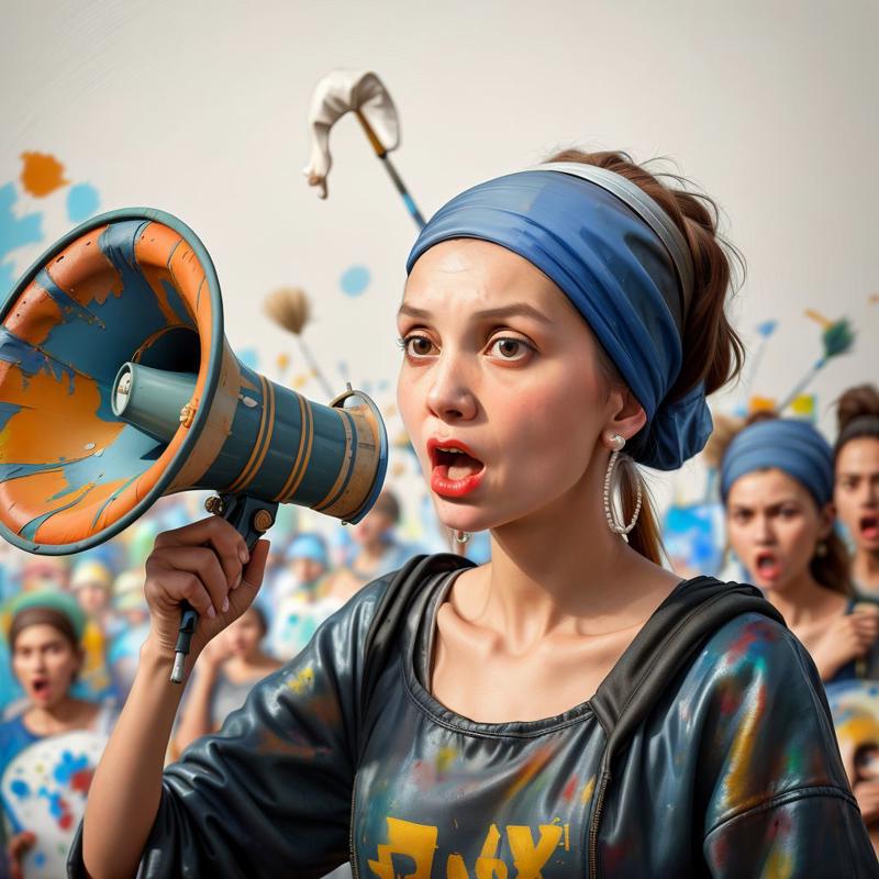 00028-20240213124500-7777-The girl with a pearl earring shouting into a megaphone with an angry crowd of painters behind her _lora_SD15-Megaphone-LoRA_0.8.jpg